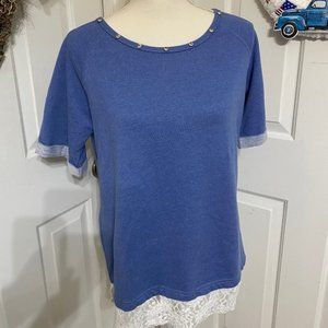 Earl Jean Chambray Denim Color Top with Rhinestones on Neckline Size M